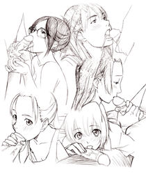 5boys 5girls bad_id bad_pixiv_id ball_caress ballcaress blush caressing_testicles censored character_request copyright_request cum cum_in_mouth cum_on_tongue fellatio freckles glasses greyscale long_hair looking_up monochrome mosaic_censoring multiple_girls oral penis sawa_jaaji testicles tongue