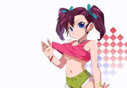 1girls alternate_breast_size bakusou_kyoudai_let's_and_go big_breasts blue_eyes breasts brown_hair busty clothes_lift confident female female_only hair_ribbon highres jewelry large_breasts lifted_by_self looking_at_viewer marina_ohgami midriff navel necklace no_bra oogami_marina ribbon sensual shirt_lift short_shorts shorts smile solo tank_top teasing twintails underboob