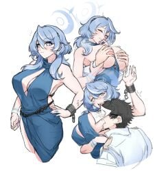 1boy absurdres ako_(blue_archive) ako_(dress)_(blue_archive) biting blue_archive blue_dress blue_eyes blue_hair breast_biting breasts cleavage cleavage_cutout clothing_cutout commentary doodle_sensei_(blue_archive) dress female grabbing grabbing_another's_breast halo highres large_breasts official_alternate_costume sensei_(blue_archive) sleeveless sleeveless_dress smugigante teeth upper_teeth_only