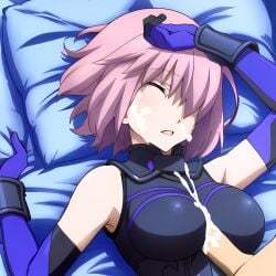 1boy 1girls ai_generated closed_eyes cum cum_on_breasts cum_on_clothes cum_on_face cum_on_upper_body facial fate_(series) female large_breasts lying lying_on_back mash_kyrielight melty_blood nai_diffusion on_back paizuri paizuri_over_clothes penis purple_hair straddling straddling_paizuri