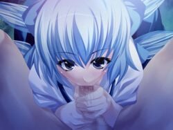 blue_eyes blue_hair bow censored cirno fellatio onsen_tamago_(nurumayu_onsen) oral penis pov saliva the_embodiment_of_scarlet_devil touhou wings