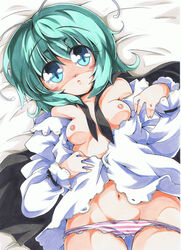 1girls antenna antennae bare_shoulders blue_eyes bottomless breasts cape female green_hair high_resolution lying marker_(medium) milkpanda nipples no_pants open_clothes open_shirt panties shirt solo striped striped_panties touhou traditional_media underwear wriggle_nightbug