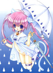 bell bell_collar blue_eyes collar copyright_request high_resolution pink_hair pussy ramiya_ryou scan smile solo thighhighs tied_hair twintails umbrella