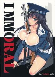 1girls black_hair blue_eyes breast_hold breasts copyright_request cover covered_in_cum cum cum_on_body cum_on_breasts cum_on_upper_body female female_only gun happoubi_jin hat highres huge_breasts kneeling licking long_hair no_bra open_clothes open_shirt peaked_cap police police_hat police_uniform policewoman saliva shirt shotgun skirt solo tongue uniform weapon winchester_model_1897