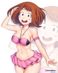 1girls arm_band bikini blush boku_no_hero_academia brown_eyes brown_hair busty cleavage etchimune female light-skinned_female light_skin my_hero_academia ochako_uraraka smiling solo swimsuit twitter_username two_piece_swimsuit