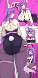 1girls ass back_view backboob big_breasts breasts bunny_ears bunny_girl bunny_tail bunnysuit cleavage dat_ass heels huge_breasts long_hair looking_back meme meme_reference mugshot omikami pink_background purple_hair rabbit_hole_(vocaloid) red_eyes reisen_udongein_inaba sideboob solo solo_female thick_thighs thighs touhou watermark