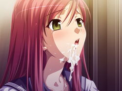 aikawa_arisa_(artist) cum cum_in_mouth facial game_cg green_eyes long_hair matsubara_yui metro_chikan-sen red_hair school_uniform solo sweat tears yellow_eyes