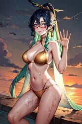 ai_generated bikini genshin_impact glasses golden_bikini hair_ornament looking_at_viewer multicolored_hair red_glasses smartneto sunset water waving_at_viewer waving_hand wet_body xianyun_(genshin_impact)