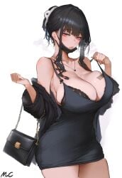 1girls ai_generated black_hair breast_tattoo breasts d_(killer_wife)_(nikke) d_(nikke) dress female goddess_of_victory:_nikke high_resolution huge_breasts light-skinned_female light_skin long_hair looking_at_viewer mocase naughty_face purse red_eyes simple_background stable_diffusion thick_thighs