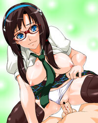 1boy 1girls blood blue_eyes breasts brown_hair censored clothed_sex clothing cowgirl_position defloration deflowering eyewear female_virgin girl_on_top glasses hair highres large_breasts long_hair looking_at_viewer mari_illustrious_makinami necktie neon_genesis_evangelion panties panties_aside pov rebuild_of_evangelion sex shinama skirt stockings straddle tears thighhighs underwear vaginal_blood vaginal_penetration virgin virginal_blood white_panties