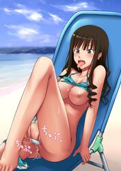 anus barefoot beach bikini bikini_lift blush breasts brown_hair drooling female food_insertion hamihe human insertion lounge_chair masturbation morishima_haruka nipples popsicle popsicle_in_pussy popsicle_insertion pussy ringlets saliva sky solo swimsuit tongue uncensored vaginal_penetration water