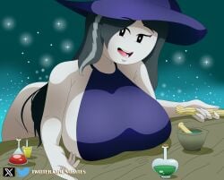 2d apron big_breasts black_hair chubby_female henry_stickmin_(game) huge_breasts long_hair mob_face nobytes_(artist) potion potion_bottle smile smiling_at_viewer solo solo_female table the_witch_(henry_stickmin) witch_hat