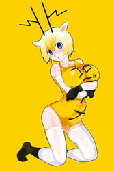 1futa animal_ear black_socks blonde_hair blue_eyes blush breast_squeeze breasts bulge cameltail chidejika elbow_gloves footwear futa_only futanari gloves highres horns huge_breasts intersex knee_socks kneehighs kneeling kneesocks latex latex_gloves nab one-piece_swimsuit school_swimsuit scotch short_hair socks solo solo_futa sweat swimsuit thigh_socks thighhighs two_socks_on white_legwear white_socks white_thighhighs yellow_background