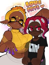 2girls bedroom_eyes comic_cover dark_skin embarrassed eyeliner flushed flustered frye_(splatoon) holding_shirt imminent_sex inkling inkling_girl large_breasts oc octoling octoling_girl original_character pressing_breasts red_eyes red_hair simple_background size_difference sleeveless_sweater spicyzaz splatoon splatoon_(series) splatoon_3 t-shirt tentacle tentacle_hair turtleneck yellow_eyes yellow_hair