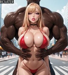 1boy 1girl abs ai_generated bare_shoulders big_breasts bikini bimbo bimbofication black_choker blacked blonde_hair blue_sky breasts choker city cleavage covered_nipples crosswalk dark-skinned_male dark_skin day earrings height_difference hetero interracial jewelry kitagawa_marin large_breasts lips long_hair looking_at_viewer makeup manly marin_kitagawa multicolored_hair muscular muscular_male my_dress_up_darling navel o-ring o-ring_bikini outdoors parted_lips piercing red_bikini red_eyes rexater sky solo_focus sono_bisque_doll_wa_koi_wo_suru swimsuit thick_lips veins veiny_arms very_dark_skin