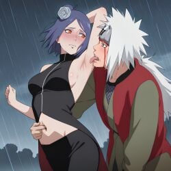 1boy 1girls ai_generated arm_behind_head arm_up armpit_fetish armpit_licking armpit_sex armpits belly_button belly_button_penetration big_breasts blue_hair blush breasts embarrassed erect_nipples erect_nipples_under_clothes female flower flower_in_hair groping jiraiya konan long_hair makeup male male/female molestation naruto naruto_(series) naruto_shippuden nipples nipples_visible_through_clothing nude nude_male older_male older_male_and_younger_female one_arm_up oral outdoors raining sexually_suggestive suggestive sweat sweatdrop teacher_and_student upper_body visible_nipples white_hair younger_female