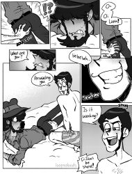 2boys arsene_lupin_iii bara beard blush clothing comic daisuke_jigen dialogue english_text gay loopndoods lupin_iii male male/male male_only muscular_male text underwear yaoi