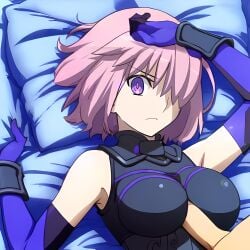 1boy 1girls ai_generated fate_(series) female large_breasts lying lying_on_back mash_kyrielight melty_blood nai_diffusion on_back paizuri paizuri_over_clothes penis purple_eyes purple_hair straddling straddling_paizuri