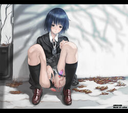 amagami blue_eyes blue_hair censored competition_swimsuit footwear highres kneehighs legs letterboxed lips loafers masturbation nanasaki_ai one-piece_swimsuit pubic_hair pussy pussy_juice saitom school_uniform sex_toy shoes short_hair sitting skirt skirt_lift socks swimsuit swimsuit_aside thigh_strap vibrator