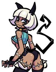 animal_ears ass bangs bare_shoulders bell_collar blue_eyes blunt_bangs bob_cut butt cat_ears cat_tail catgirl choker claws collar crop_top dark-skinned_female dark_skin fangs fingerless_gloves gloves hair looking_back midriff minth nadia_fortune scars skullgirls tail underboob white_hair