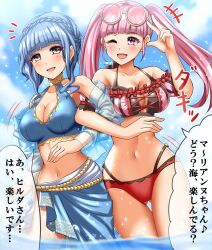 2girls absurdres alternate_costume arm_lock ass_visible_through_thighs bangs bare_midriff bare_shoulders bare_thighs bikini blue_bikini blue_hair blue_swimsuit breasts brown_eyes cleavage collarbone detached_sleeves eyewear_on_head female female_only fire_emblem fire_emblem:_three_houses fire_emblem_heroes highres hilda_valentine_goneril hilda_valentine_goneril_(summer) japanese_text large_breasts light-skinned_female light_blue_hair light_skin long_hair marianne_von_edmund marianne_von_edmund_(summer) midriff multiple_girls nintendo ocean official_alternate_costume one_eye_closed open_mouth outdoors partially_submerged pink_bikini pink_eyes pink_hair pink_swimsuit red_bikini red_swimsuit sarong see-through see-through_clothing shoulders smile sound_effects sunglasses sunglasses_on_head swimsuit text thighs translation_request twintails water wink zanntetu