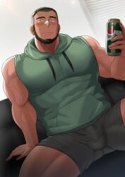 1boy absol_(dkqthf) bara beard blush bulge clothing male male_only muscular_male penis_outline tight_clothing