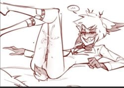 alastor_(hazbin_hotel) cum_on_thighs cuntboy ejaculation_between_thighs faceless_male hazbin_hotel intersex male_focus no_pants skinny_male sweating