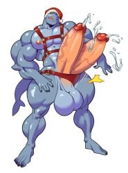 2016 2_penises abs analon_(artist) anthro balls big_balls big_penis christmas derrik_(testosterone) diphallia diphallism fish genitals harness holidays humanoid_genitalia humanoid_penis male marine multi_genitalia multi_penis muscular muscular_anthro muscular_male nipples pecs penis shark solo vein veiny_penis