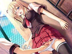 black_legwear black_thighhighs blonde_hair blue_eyes blush censored chainlink_fence fence fingering game_cg necktie nishizono_aika open_mouth panties panty_pull plaid pussy school_uniform sister_x_sister_~lovevery_sisters~ skirt tartan thighhighs tied_hair toma_(asagayatei) twintails underwear white_panties wince wink zettai_ryouiki