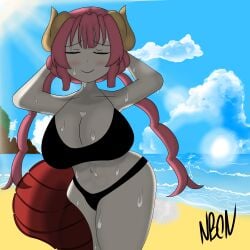 1girls arms_behind_head beach big_ass bikini black_bikini black_string_bikini blue_sky blush cleavage closed_eyes cloud clouds color colored complex_background dragon_girl dragon_horns dragon_tail eproctophillia fart fart_fetish female_focus female_only huge_breasts hyper_fart ilulu ilulu_(dragon_maid) ilulu_(maidragon) imminent_fart long_tail long_twintails looking_at_viewer looking_pleasured miss_kobayashi's_dragon_maid ocean red_eyes red_hair shining_light short_hair shortstack signature smile smiling sun sweat sweating thick_thighs thighs two_piece_swimsuit unusual_fart