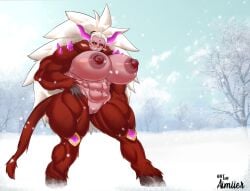 1girls abs aimiierdraws body_fur female horns hyper_breasts monster_girl muscular_female original_character praxxys_dangar red_skin snow thick_thighs white_hair