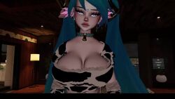 3d animal_ears animated bell big_breasts blue_eyes blue_hair breasts cleavage collar cow_ears cow_horns cow_print earrings hair_ornament league_of_legends league_of_legends:_wild_rift piercing riding self_upload selfie smile sona_buvelle sound sound_effects tagme video vrchat vrchat_avatar winking_at_viewer