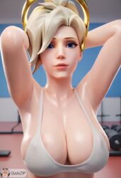 ai_generated angela_ziegler big_breasts blizzard_entertainment blonde_hair blue_eyes cleavage cleavage_cutout cleavage_overflow galszip gym gym_clothes gym_uniform hands_up huge_breasts mercy overwatch overwatch_2 sweat sweatdrop sweating white_top