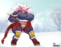 1girls abs aimiierdraws body_fur clothed clothing female glowing horns hyper_breasts monster_girl muscular_female original_character partially_clothed praxxys_dangar red_body red_fur red_skin snow thick_thighs white_hair