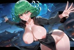 1girls ai_generated bare_breasts bare_legs bare_thighs big_breasts blush clothed clothing color dress female female_focus female_only green_eyes green_hair hi_res large_breasts light-skinned_female light_skin looking_at_viewer lord_tsunoko nipples one-punch_man short_hair solo solo_female tagme tatsumaki thick_thighs tsunoko_(artist)