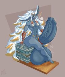 anthro awoogasm balls big_balls big_penis ear_piercing fur genitals grey_body grey_fur hair hi_res horn huge_balls huge_cock hyper hyper_balls hyper_genitalia hyper_penis jewelry long_hair male mammal nails nintendo nude penis piercing rauru_(tears_of_the_kingdom) sitting solo tears_of_the_kingdom the_legend_of_zelda thick_thighs voxelcubed white_hair zonai