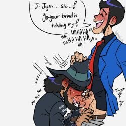 2boys arsene_lupin_iii balls bara beard blowjob blush clothing daisuke_jigen deepthroat erection fellatio fellatio_domination gay gay_blowjob jigen_daisuke loopndoods lupin_iii male male/male male_only oral oral_sex penis