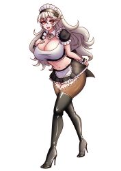 1girls :d alternate_costume bare_midriff bare_thighs boots breasts cleavage corrin_(fire_emblem) corrin_(fire_emblem)_(female) female female_only fire_emblem fire_emblem_fates full_body grey_hair hand_on_own_chest high_heels huge_breasts inner_thighs maid midriff miniskirt nintendo open_mouth pantyhose pointy_ears red_eyes skirt smile solo thigh_boots thighs very_long_hair white_background will_(willanator93) willanator