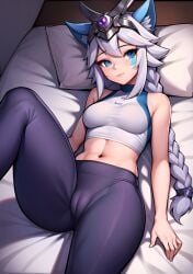 ai_generated animal_ears blue_eyes cameltoe female fox_ears headwear io_(paladins) laying_down laying_on_back laying_on_bed paladins silver_hair sleeveless_shirt solo stable_diffusion tight_clothing tight_pants yoga_pants