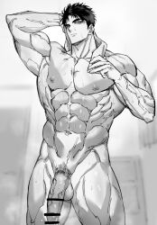 1boy abs bar_censor bara bathroom censored completely_nude cowboy_shot domo_(domo_kizusuki) greyscale half-erect highres kokado_shido_(domo) large_pectorals large_penis low-angle_view male male_focus monochrome muscular muscular_male navel nipples nude original pectorals penis short_hair shredded_muscles sideburns solo testicles thick_eyebrows towel towel_around_neck veins veiny_arms wet