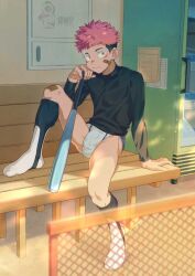 ahrstudio baseball_uniform bench itadori_yuuji jujutsu_kaisen long_socks no_pants underwear yaoi