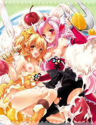 blonde_hair blush bow breasts cherry clothing cure_passion cure_pine dress female female_only food fork fresh_precure! fresh_pretty_cure! fruit girl_in_food higashi_setsuna hisama_kumako in_food kumako_(pixiv) long_hair magical_girl messy minigirl multiple_girls nipples open_mouth pantyhose pink_eyes pink_hair precure pretty_cure small_breasts strawberry torn_pantyhose yamabuki_inori yellow_eyes