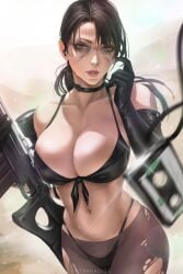 bra choker cleavage curvaceous female female_only fully_clothed gun hourglass_figure huge_breasts leggings metal_gear_solid metal_gear_solid_v panties pantyhose ponytail quiet_(metal_gear) revealing_clothes skimpy_clothes sniper tagme thong wtparadise