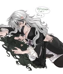 2girls biting_cross black_and_white_hair cleavage cleavage_cutout cowgirl_position dark_green_hair english_dialogue female female_only goth imminent_cunnilingus imminent_oral imminent_sex laying_on_person nun nun_outfit oak_casket_(path_to_nowhere) path_to_nowhere raven_(path_to_nowhere) teasing yuri