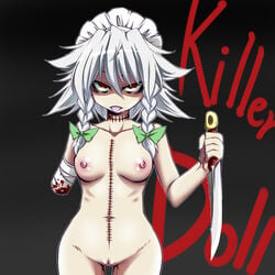 :p amputee bandage bloody_bandage breasts color english female female_only front_view guro human knife nipples nude pussy red_eyes sakuya_izayoi scar solo standing stitches tajima_yuuki tongue touhou weapon white_hair zombie