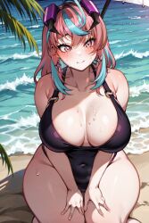 ai_generated beach blush emikukis huge_breasts jewelry multicolored_hair pink_hair ricochetk smile sweat swimsuit virtual_youtuber vtuber wide_hips