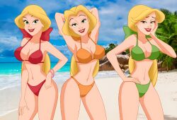 alternate_costume beauty_and_the_beast breasts carlshocker claudette_(red) female female_only laurette_(yellow) outdoors outside paulette_(green) swimsuit tagme the_bimbettes the_triplets