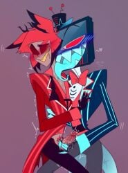 alastor_(hazbin_hotel) blue_tounge blush boner clothed deer_ears gay handjob hazbin_hotel licking_neck red_pubic_hair shaking sitting_on_lap skinny_male tv_head vox_(hazbin_hotel)