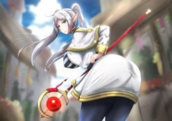 1girls alternate_version_available ass_focus escapefromexpansion frieren huge_breasts looking_at_viewer looking_back solo_female sousou_no_frieren staff tagme white_hair