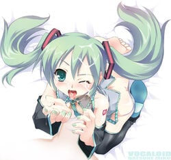 aqua_nails colored_nails cum cum_in_mouth cum_on_tongue facial fellatio green_hair handjob hatsune_miku invisible_penis long_hair nail_polish oral painted_nails penis thighhighs tied_hair tongue twintails vocaloid wink yamano_sachi zettai_ryouiki